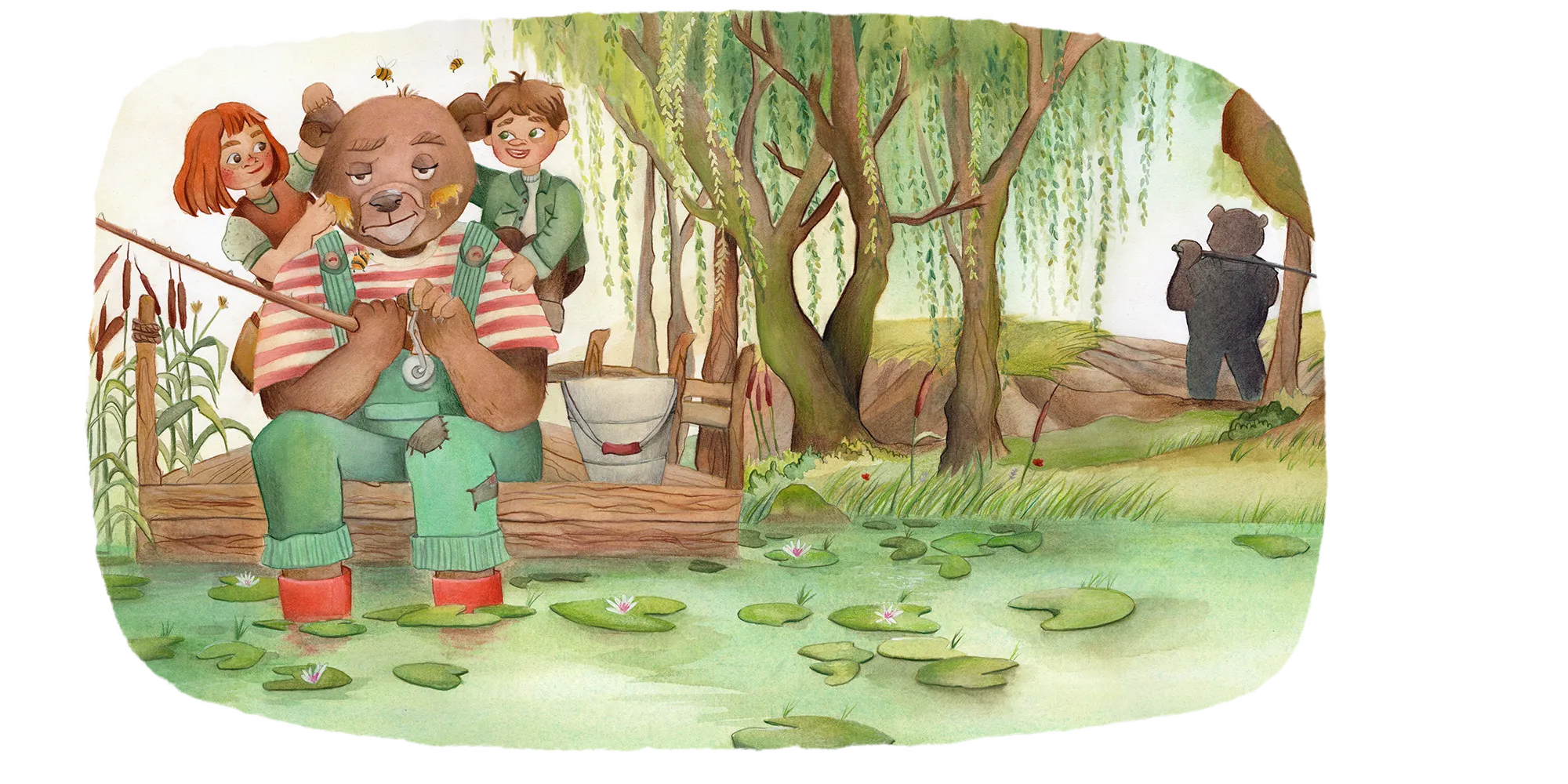 The Dreamless Bear — illustrated scene with bear and children by a pond